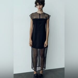 Zara CONTRASTING ORGANZA MIDI DRESS. Black. Size S. New with Tags.